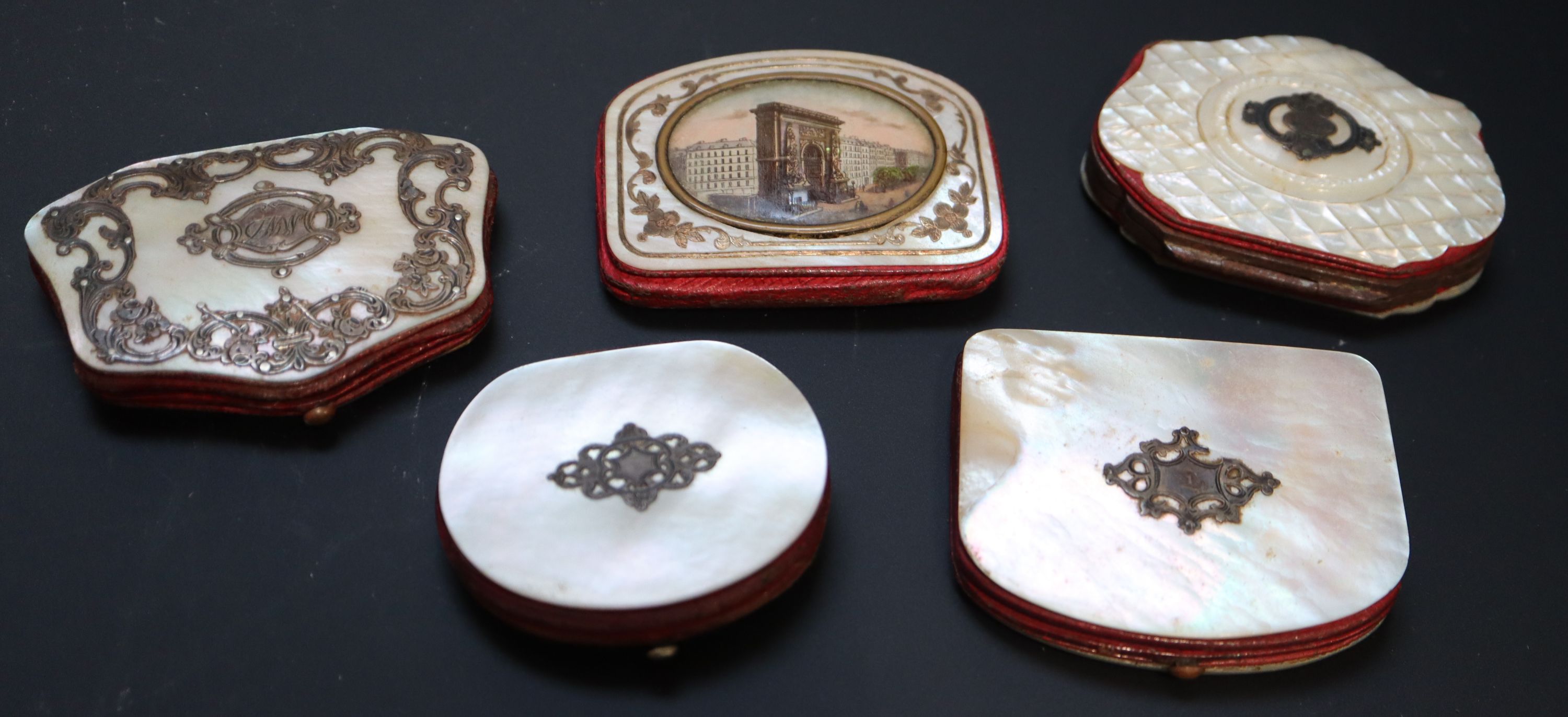Five assorted 19th century Palais Royale mother of pearl mounted purses,